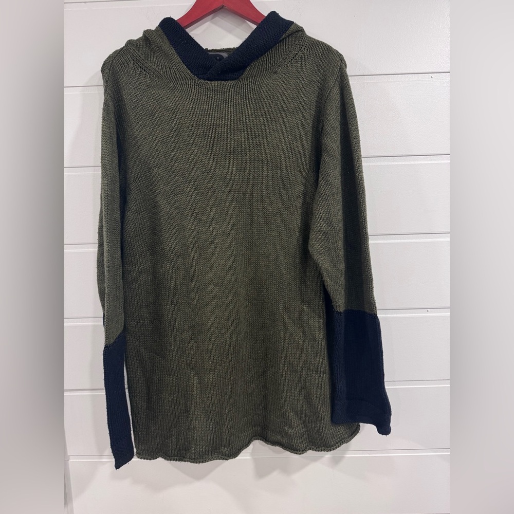 Women's Silk/Cashmere HN Green and Navy Hoodie Sweater